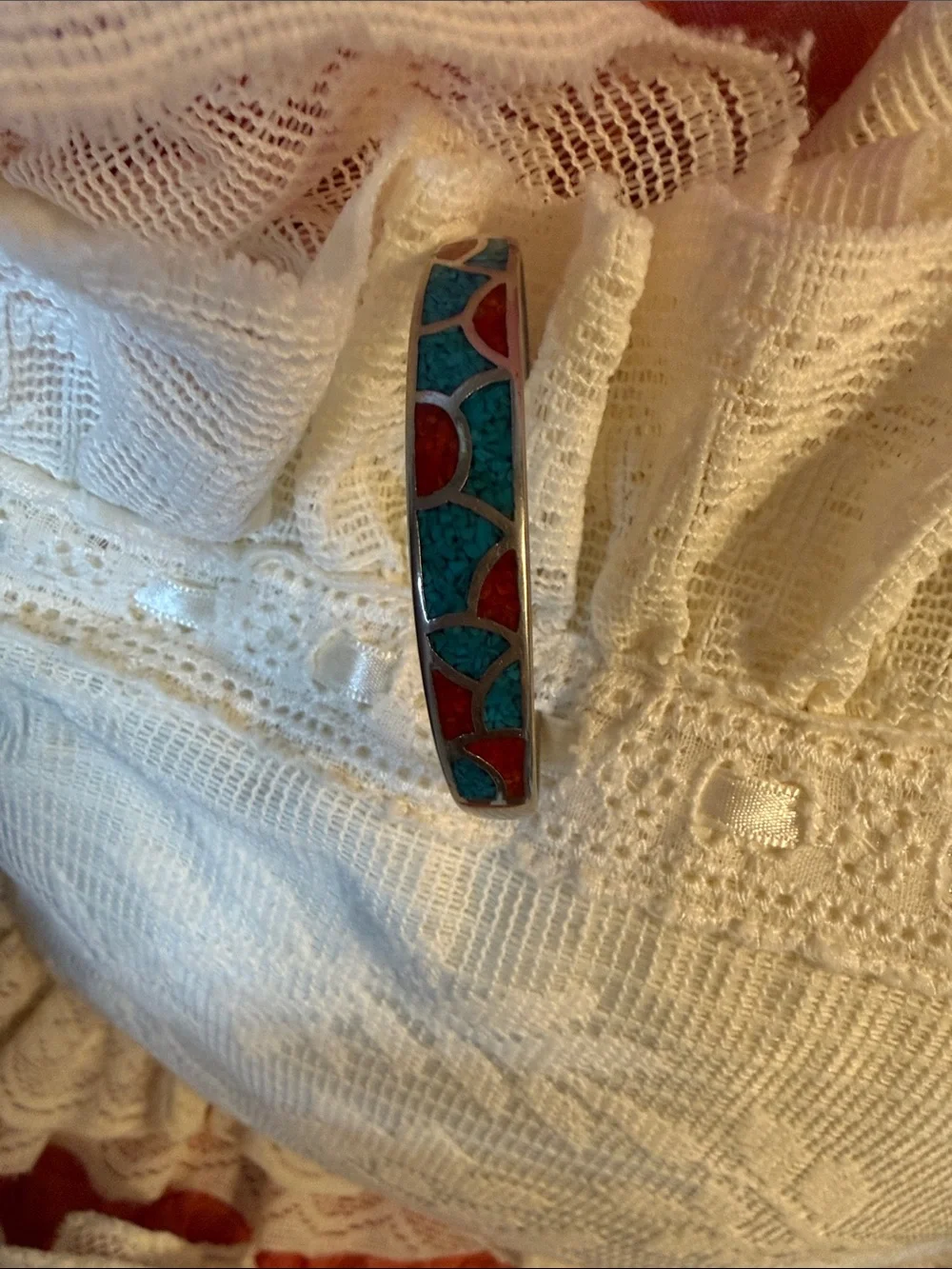 Vintage Zuni Turquoise and Coral Inlay Silver Bar Pendant - Women’s Jewelry